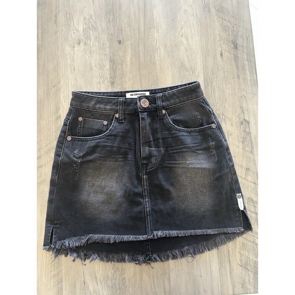 One X Oneteaspoon Button Top Zipper Fly High WaistDenim Black Mini Skirt Size 22